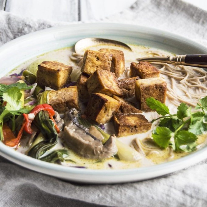 Spicy Lemongrass Infused Ginger Coconut Soup With Crispy Tofu